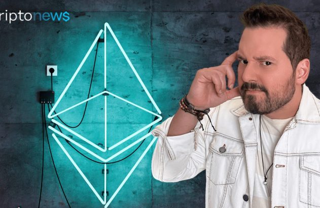 Homem pensativo, letreiro neon Ethereum e logo Criptonews em fundo escuro.