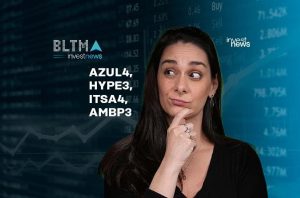 Mulher pensativa com códigos de ações (AZUL4, HYPE3, ITSA4, AMBP3) e dados financeiros ao fundo.