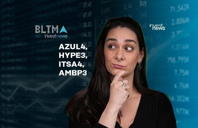 Mulher pensativa com códigos de ações (AZUL4, HYPE3, ITSA4, AMBP3) e dados financeiros ao fundo.