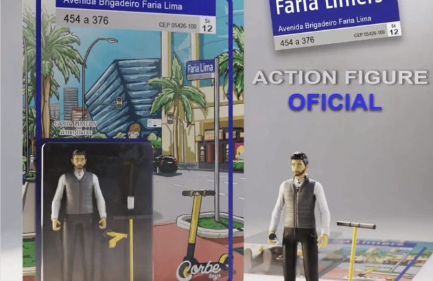 Kit Action Figure Faria Limers: figura de homem e patinete em embalagem e fora, com fundo de rua urbana.