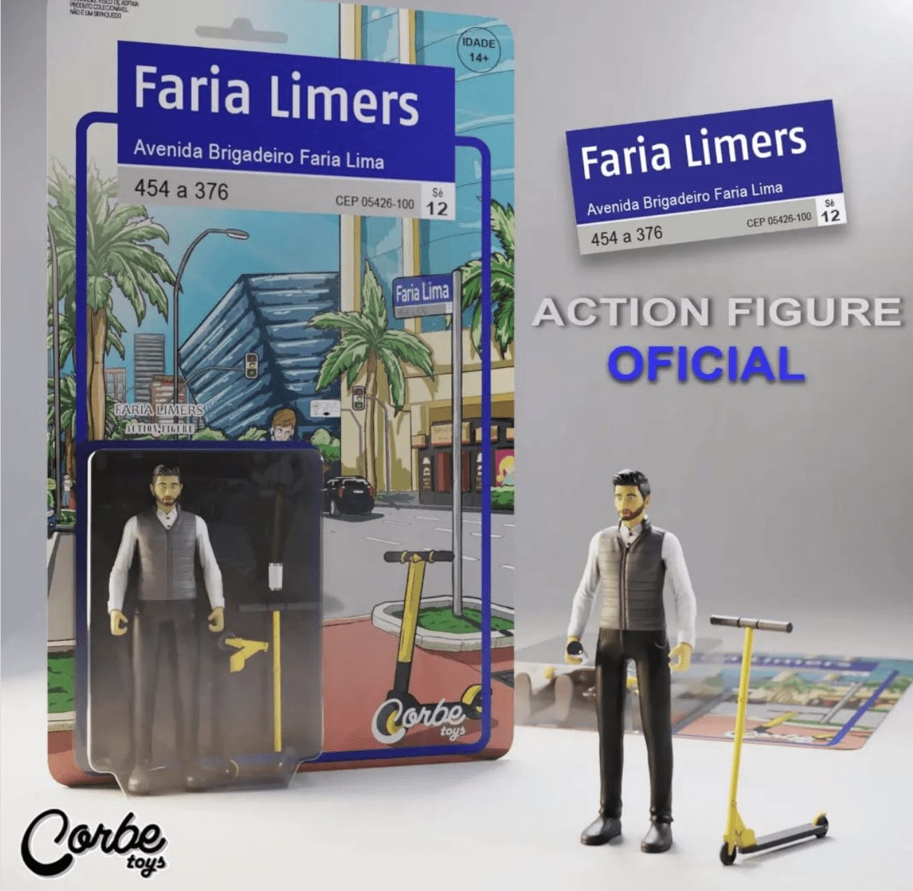 Kit Action Figure Faria Limers: figura de homem e patinete em embalagem e fora, com fundo de rua urbana.