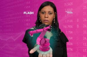 Mulher com braço robótico rosa na mão aberta, rodeada por dados e gráficos financeiros.