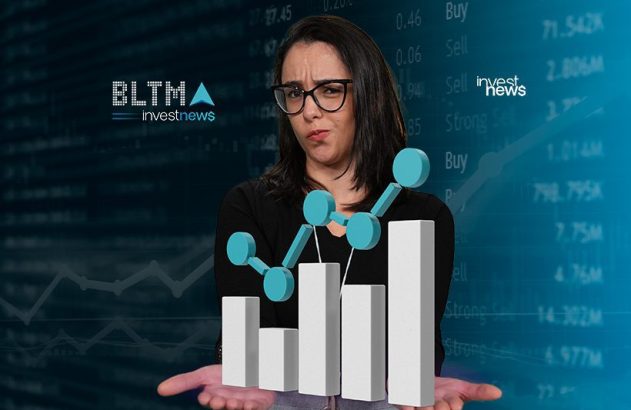 Mulher com sobrancelha franzida segura gráfico financeiro 3D e dados de mercado. Logo investnews.