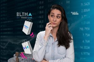 Mulher pensativa com sacolas Magalu e Via, uma caindo num poço, sobre fundo de dados financeiros.