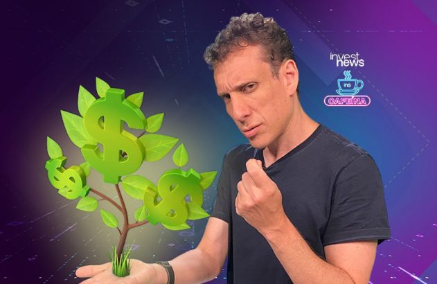 Homem pensativo observa árvore de dinheiro (símbolos de dólar) crescendo em sua mão.