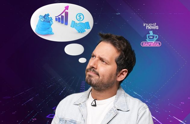 Homem pensa em investimento. Balão de ideias mostra dinheiro, gráfico de crescimento e aperto de mãos. Logos Invest News/CAFÉINA.