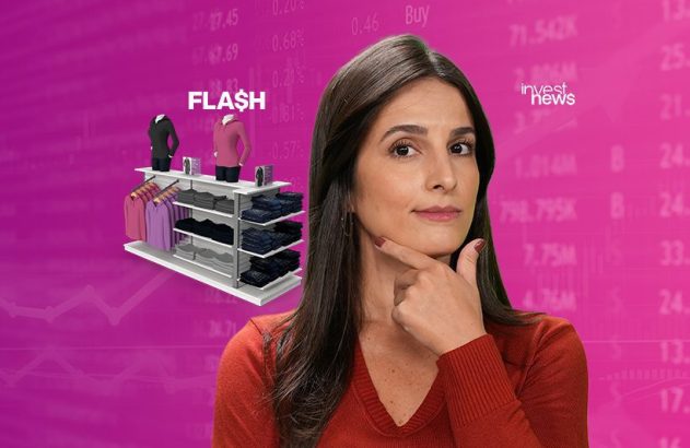 Mulher pensativa, com expositor de roupas e o texto 'FLA$H', em fundo de dados financeiros.