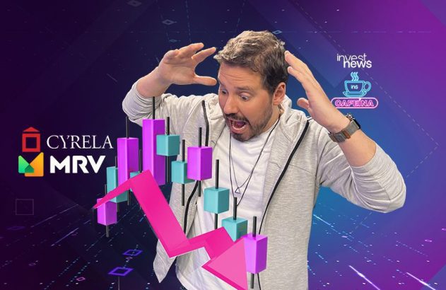 Homem assustado com queda de ações Cyrela e MRV em gráfico. Logos Invest News e Cafeína.