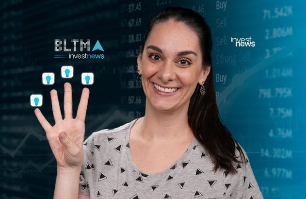 Mulher sorridente mostra quatro dedos com lâmpadas. Logo investnews e dados financeiros ao fundo.