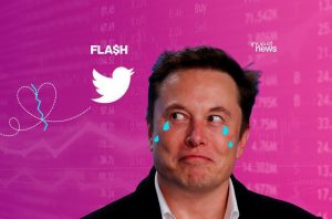 Elon Musk chorando, logo do Twitter, coração partido. Fundo financeiro magenta com 'FLASH investnews'.