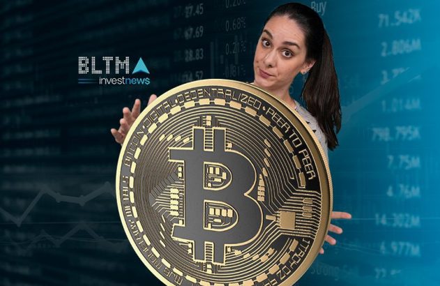 Mulher de expressão curiosa segura moeda Bitcoin dourada gigante. Fundo com gráficos e logo "BLTMA investnews".