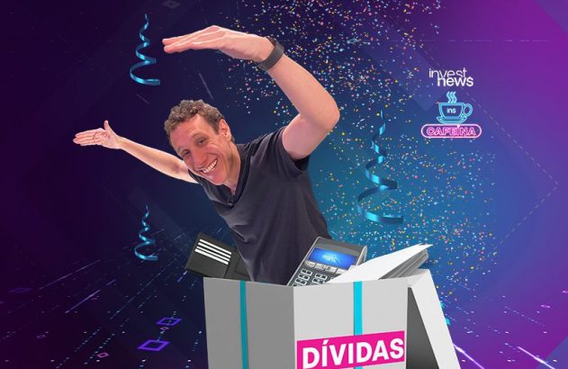 Homem feliz emerge de caixa "DÍVIDAS" com itens financeiros. Fundo festivo com confetes e logos "invest news".