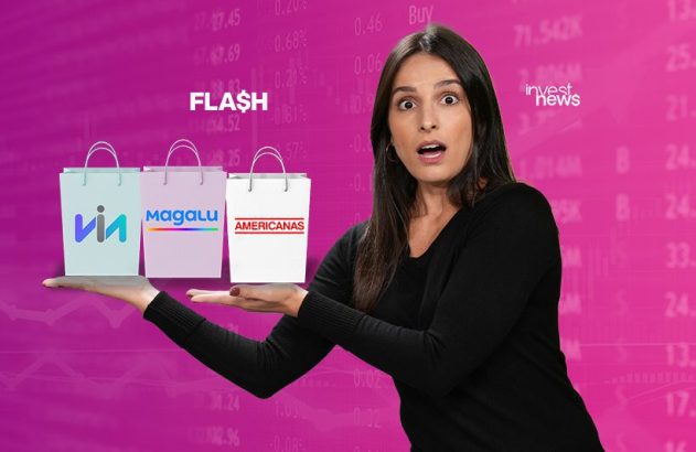 Mulher surpresa mostra sacolas Via, Magalu e Americanas em fundo financeiro.