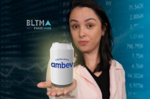 Mulher jovem segura lata branca da Cervejaria Ambev. Fundo azul escuro exibe gráficos e dados financeiros com logo 'BLTMA'.
