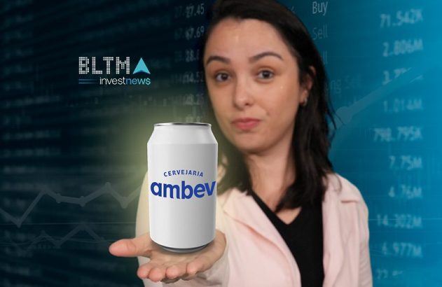 Mulher jovem segura lata branca da Cervejaria Ambev. Fundo azul escuro exibe gráficos e dados financeiros com logo 'BLTMA'.
