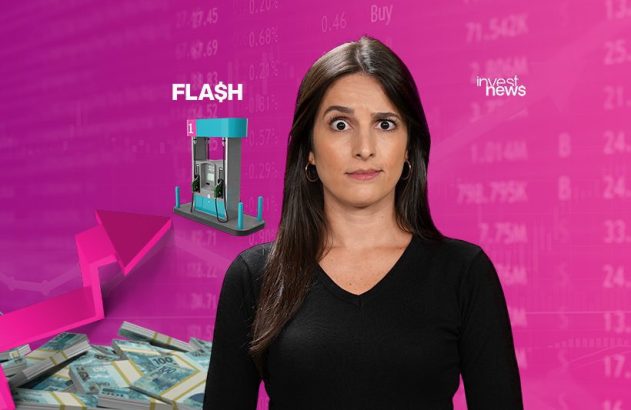 Mulher surpresa com alta do combustível e impacto financeiro, com bomba de gasolina, dinheiro e gráfico de aumento.