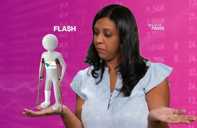 Mulher segura boneco da Vale em muletas e outra mão vazia. Fundo com dados financeiros e 'FLASH'.