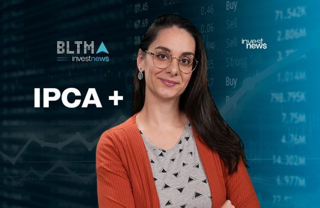 Mulher sorridente com óculos em frente a fundo financeiro com "IPCA +" e logos "BLTMA investnews".