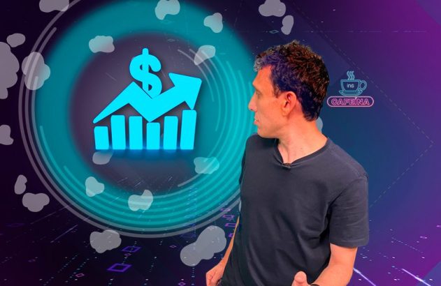 Homem de perfil, em fundo digital, olha para gráfico azul com cifrão e seta ascendente, simbolizando crescimento financeiro.