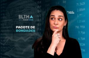 Mulher com expressão confusa e mão no queixo em fundo com gráficos financeiros e texto 'PACOTE DE BONDADES'.