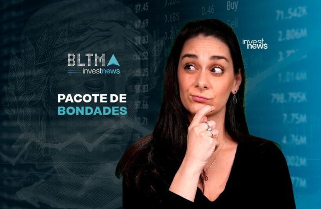 Mulher com expressão confusa e mão no queixo em fundo com gráficos financeiros e texto 'PACOTE DE BONDADES'.