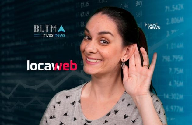 Mulher sorridente com a mão na orelha, ouvindo. Logos Investnews e Locaweb, fundo com dados financeiros.