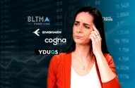 Mulher pensativa com a mão na testa, cercada por dados financeiros e logos de investimentos como Investnews e Embraer.