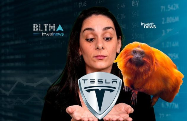 Mulher segura logo Tesla com mico-leão-dourado, sobre fundo de dados financeiros. Logo Investnews.