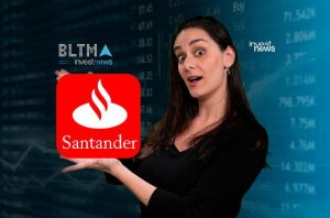 Mulher surpresa apresenta app Santander. No fundo, logo Investnews e dados de mercado financeiro.