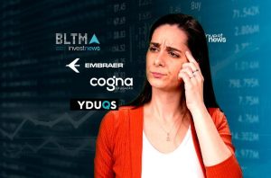 Mulher pensativa com a mão na testa, cercada por dados financeiros e logos de investimentos como Investnews e Embraer.