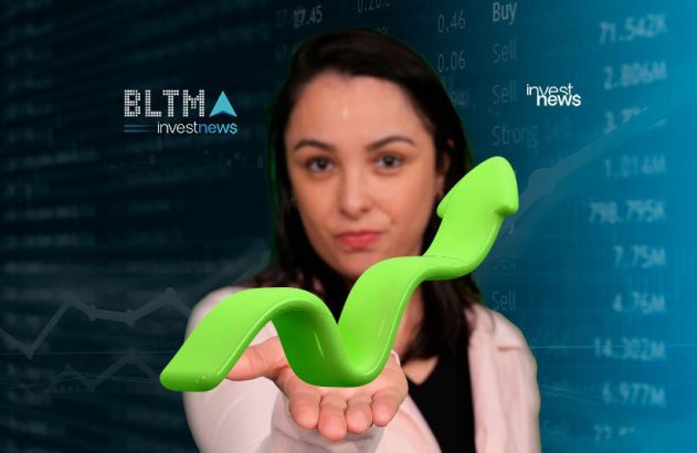 Mulher segura seta verde ascendente. Fundo com gráficos e dados financeiros e logos BLTMA Investnews.