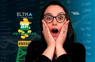 Mulher surpresa com óculos e mãos no rosto. Logos BR Petrobras e investnews, moedas em plataforma. Fundo financeiro.