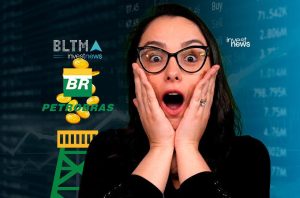 Mulher surpresa com óculos e mãos no rosto. Logos BR Petrobras e investnews, moedas em plataforma. Fundo financeiro.