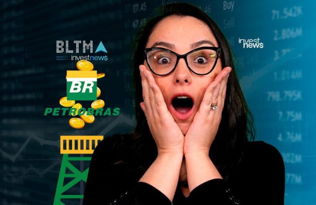 Mulher surpresa com óculos e mãos no rosto. Logos BR Petrobras e investnews, moedas em plataforma. Fundo financeiro.