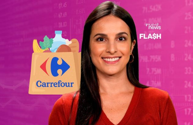 Apresentadora sorridente de "invest news" com sacola Carrefour e dados financeiros ao fundo.