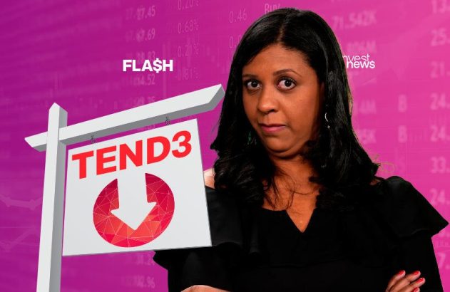 Mulher séria ao lado de placa branca com seta para baixo, simbolizando queda de mercado financeiro.