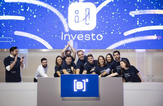 Equipe Investo celebra lançamento na B3, com logo 'investo' e confetes caindo em tela azul.