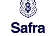 Logo Safra: emblema azul-marinho com monograma e o nome "Safra" em letras maiúsculas abaixo.