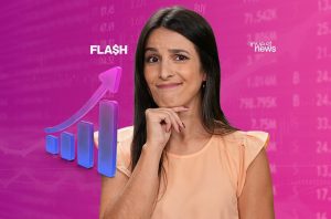 Mulher com expressão pensativa ao lado de gráfico financeiro de alta e texto "FLASH invest news".