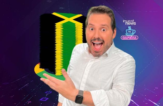Homem animado apontando, com um bloco de bandeiras da Jamaica e logos "invest news" e "Cafeína" em fundo roxo digital.