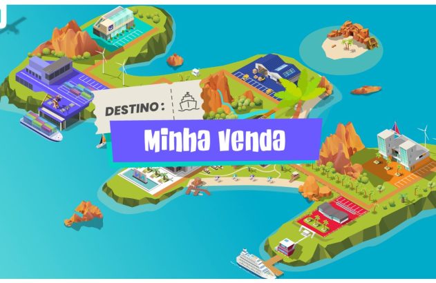 Mapa isométrico de ilhas com diversos pontos comerciais e de transporte. Banner: "Minha Venda".