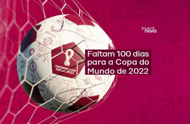 Bola de futebol da Copa do Mundo 2022 em rede. Texto: Faltam 100 dias para a Copa do Mundo de 2022.