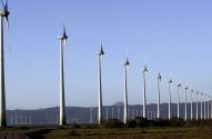 Longa fileira de turbinas eólicas brancas em um campo, sob céu azul e montanhas no horizonte.