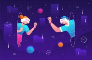 Homem e mulher com óculos de RV interagem em ambiente virtual com grade, planetas e cubos.