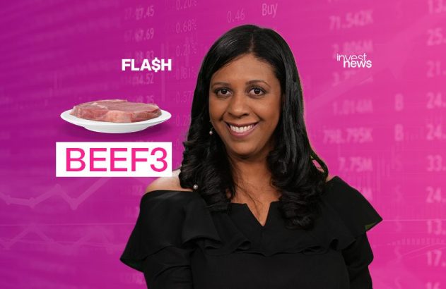 Mulher sorridente apresenta notícia 'Flash' sobre 'BEEF3' (carne) em fundo de dados financeiros. InvestNews.