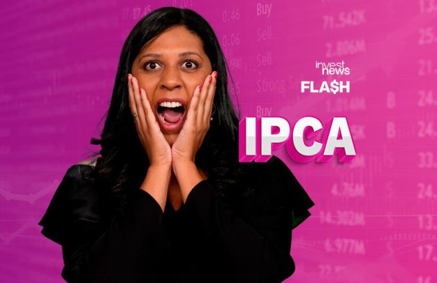 Mulher chocada com mãos no rosto. Fundo financeiro com textos InvestNews Flash e IPCA.