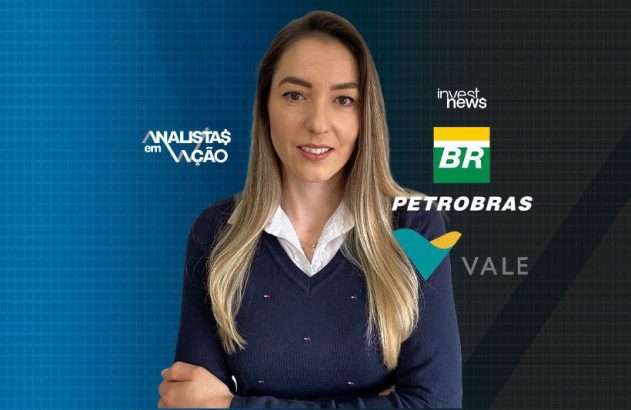 Mulher analista sorri, em estúdio, com logos 'Analistas em Ação', Invest News, Petrobras e Vale.