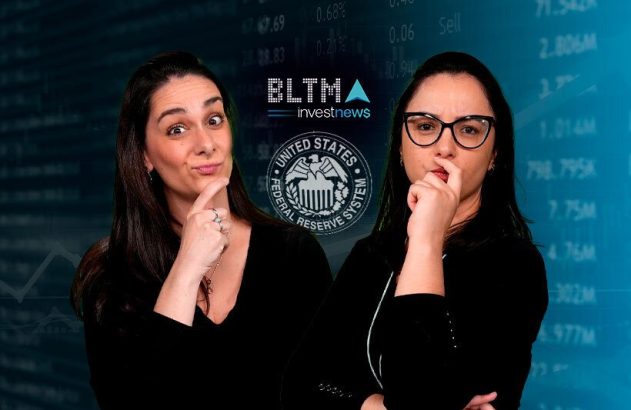 Duas mulheres pensativas, com fundo financeiro e logos BLTMA Investnews e Federal Reserve.