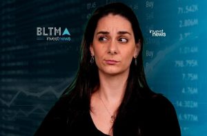 Mulher com expressão incerta em fundo financeiro, com gráficos e logos Investnews.