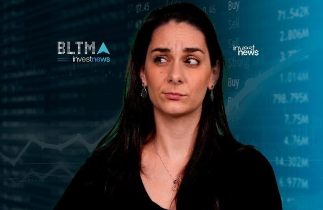 Mulher com expressão incerta em fundo financeiro, com gráficos e logos Investnews.